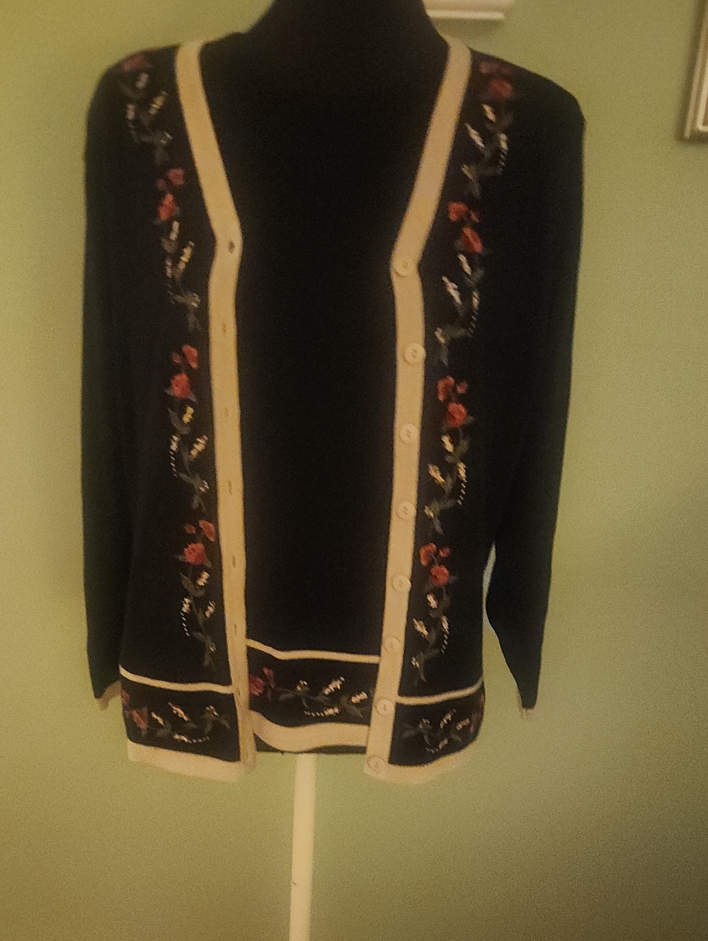 Dress Barn Black Cardigan with Cream Trim and Floral Embroidery